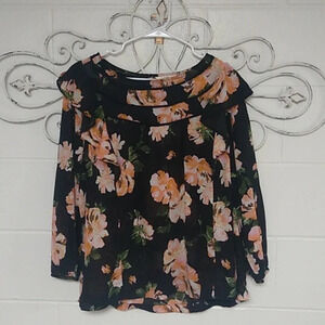 LIGHTWEIGHT, BOHO, COTTAGECORE, FEMININE, FLORAL ON  BLK, LONG SLEEVE BLOUSE